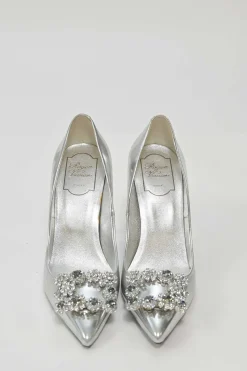 Silver strass crystal-embellished leather Bouquet flower buckle pointed-toe pumps