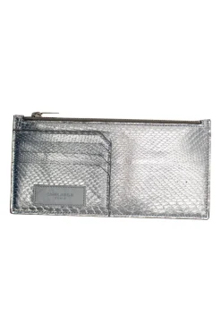Silver textured leather zipper wallet with card holders at the front