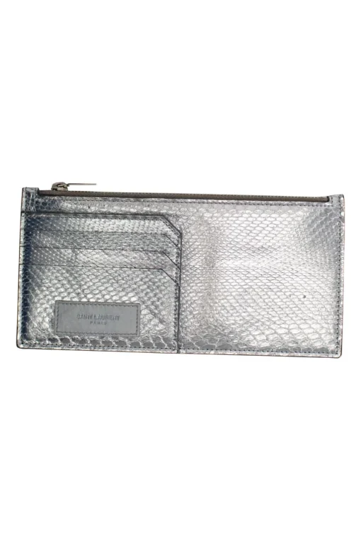 Silver textured leather zipper wallet with card holders at the front