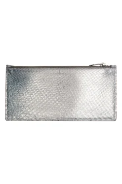 Silver textured leather zipper wallet with card holders at the front