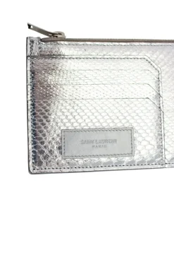Silver textured leather zipper wallet with card holders at the front