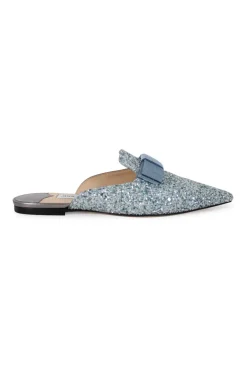 Silver with turquoise painted coarse glitter 'Galaxy' point-toe mules decorated with bow