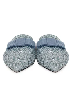 Silver with turquoise painted coarse glitter 'Galaxy' point-toe mules decorated with bow