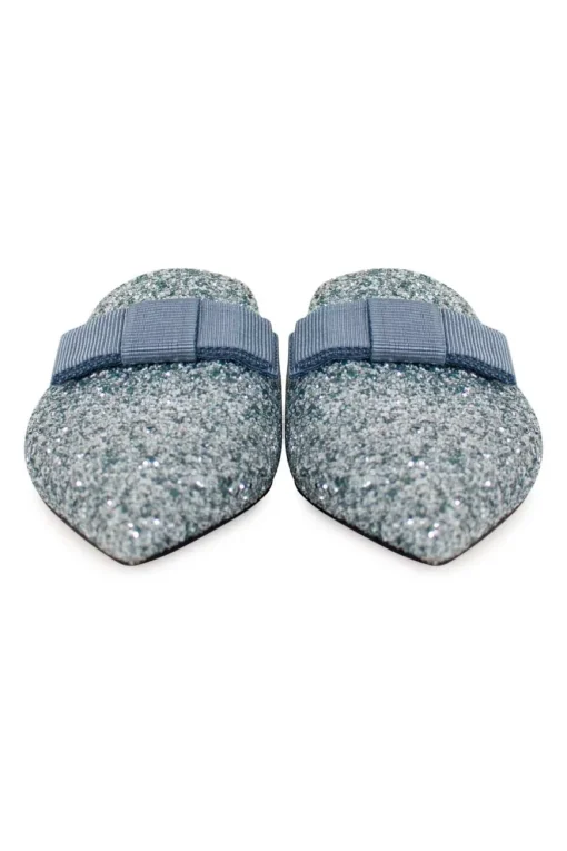 Silver with turquoise painted coarse glitter 'Galaxy' point-toe mules decorated with bow