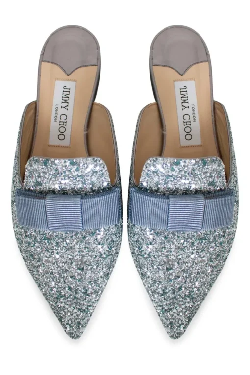 Silver with turquoise painted coarse glitter 'Galaxy' point-toe mules decorated with bow