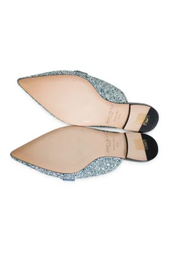 Silver with turquoise painted coarse glitter 'Galaxy' point-toe mules decorated with bow
