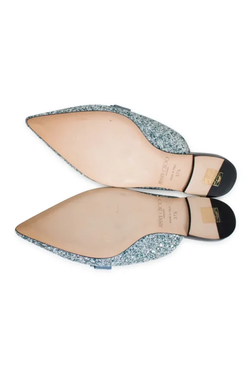 Silver with turquoise painted coarse glitter 'Galaxy' point-toe mules decorated with bow