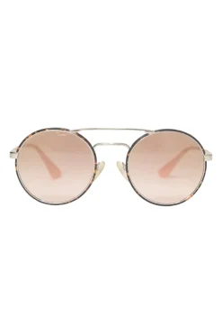 Silver-finish metal and blush tinted polycarbonate double-bridge round-eye sunglasses