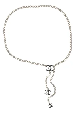 Silver-finish metal and black enamel Coco Mark chain belt with hook closure