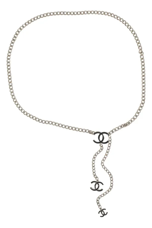 Silver-finish metal and black enamel Coco Mark chain belt with hook closure