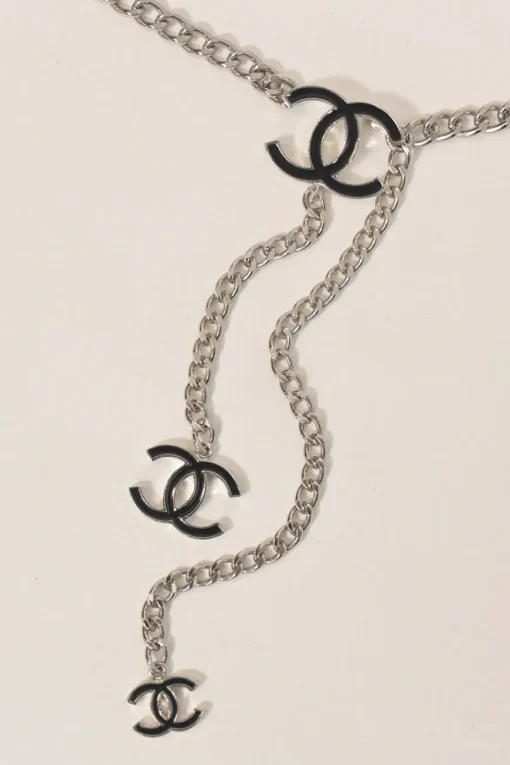 Silver-finish metal and black enamel Coco Mark chain belt with hook closure