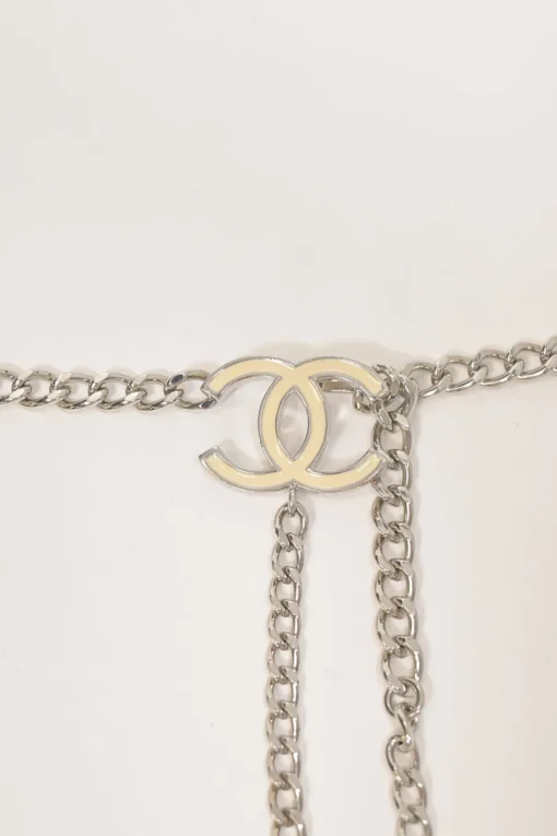 Silver-finish metal and enamel Coco Mark chain belt with hook closure