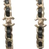 Silver-finish metal and leather Coco Mark turnlock chain hoop earrings