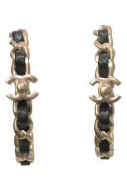 Silver-finish metal and leather Coco Mark turnlock chain hoop earrings