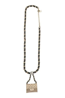 Silver-finish metal and leather flap bag charm belt with lobster clasp closure