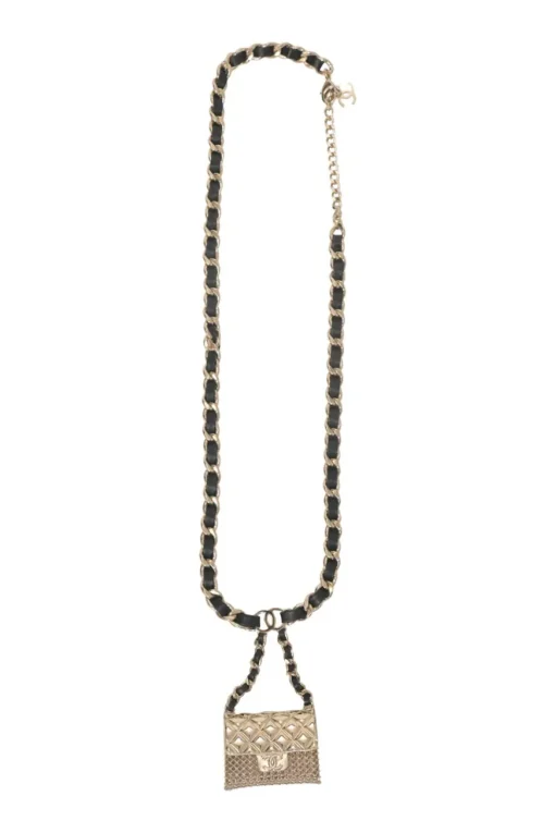Silver-finish metal and leather flap bag charm belt with lobster clasp closure