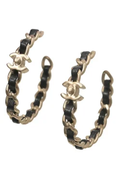 Silver-finish metal and leather Coco Mark turnlock chain hoop earrings