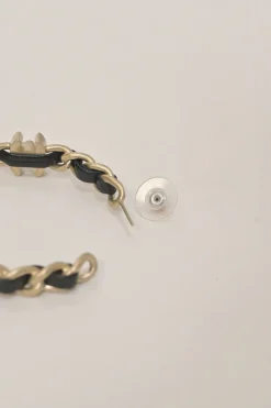 Silver-finish metal and leather Coco Mark turnlock chain hoop earrings