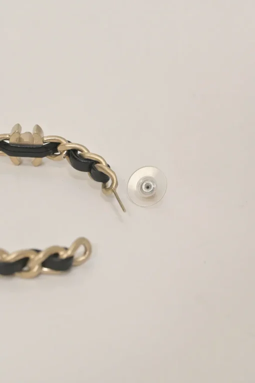 Silver-finish metal and leather Coco Mark turnlock chain hoop earrings