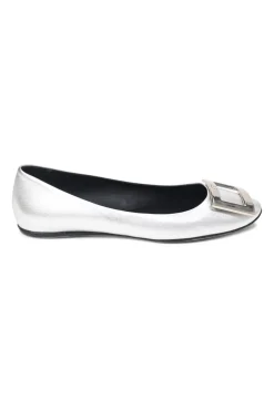 Silver-foiled metallic lambskin leather round-toed ballerina flats with metal buckle