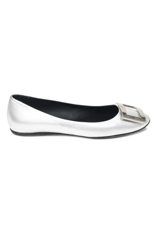 Silver-foiled metallic lambskin leather round-toed ballerina flats with metal buckle