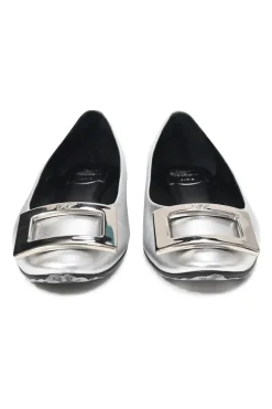 Silver-foiled metallic lambskin leather round-toed ballerina flats with metal buckle