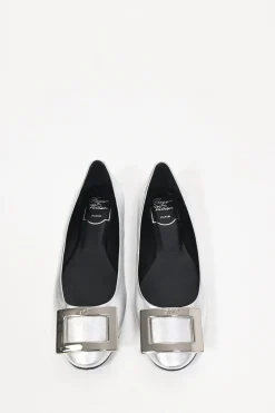 Silver-foiled metallic lambskin leather round-toed ballerina flats with metal buckle