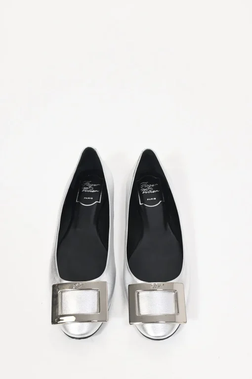 Silver-foiled metallic lambskin leather round-toed ballerina flats with metal buckle