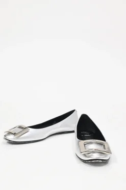 Silver-foiled metallic lambskin leather round-toed ballerina flats with metal buckle