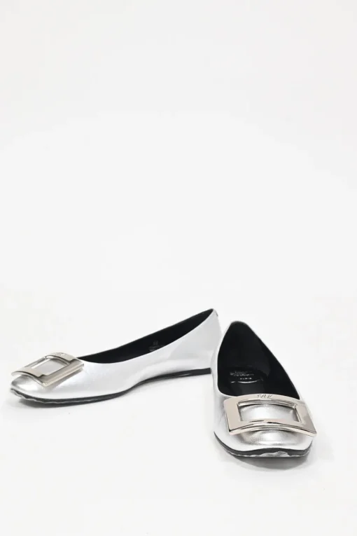 Silver-foiled metallic lambskin leather round-toed ballerina flats with metal buckle