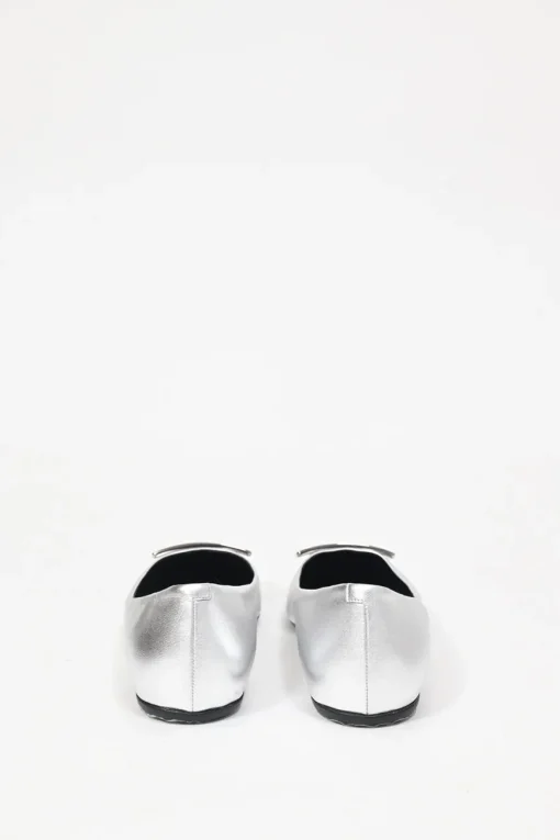 Silver-foiled metallic lambskin leather round-toed ballerina flats with metal buckle