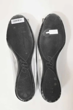 Silver-foiled metallic lambskin leather round-toed ballerina flats with metal buckle