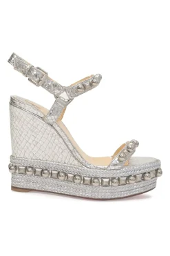 Silver-tone embellished raffia Pyraclou platform espadrille wedges with buckle strap fastening