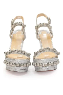 Silver-tone embellished raffia Pyraclou platform espadrille wedges with buckle strap fastening