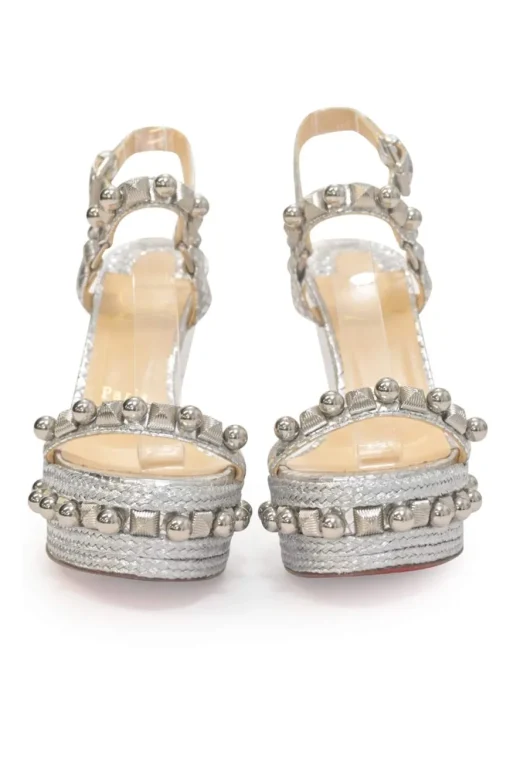 Silver-tone embellished raffia Pyraclou platform espadrille wedges with buckle strap fastening