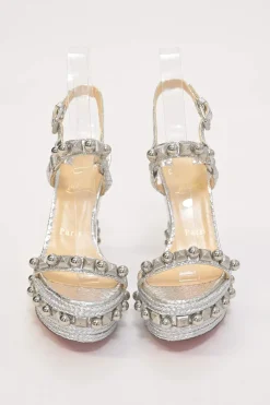 Silver-tone embellished raffia Pyraclou platform espadrille wedges with buckle strap fastening