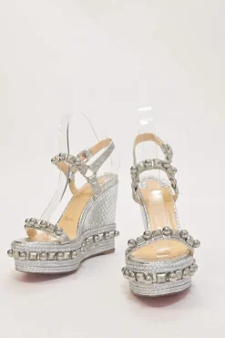 Silver-tone embellished raffia Pyraclou platform espadrille wedges with buckle strap fastening
