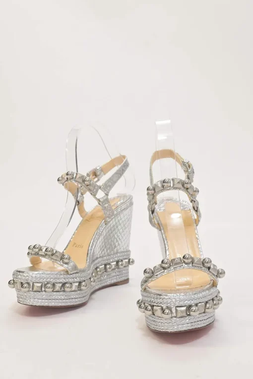 Silver-tone embellished raffia Pyraclou platform espadrille wedges with buckle strap fastening