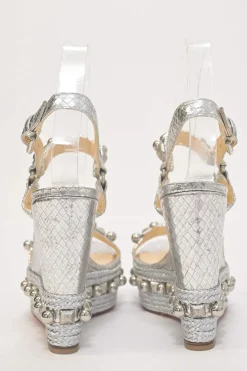 Silver-tone embellished raffia Pyraclou platform espadrille wedges with buckle strap fastening