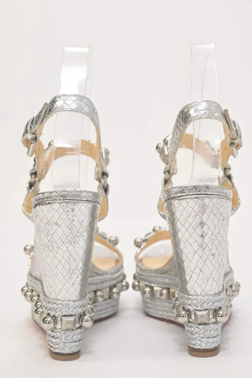 Silver-tone embellished raffia Pyraclou platform espadrille wedges with buckle strap fastening
