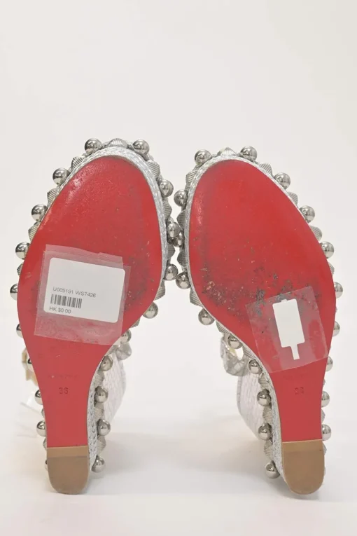 Silver-tone embellished raffia Pyraclou platform espadrille wedges with buckle strap fastening