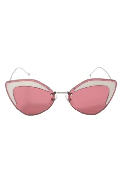 Silver-tone metal and pink tinted polycarbonate rimless cat-eye sunglasses with glitter accents