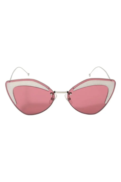 Silver-tone metal and pink tinted polycarbonate rimless cat-eye sunglasses with glitter accents