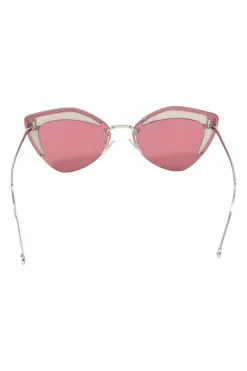 Silver-tone metal and pink tinted polycarbonate rimless cat-eye sunglasses with glitter accents