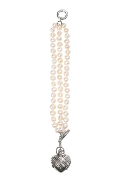 Silver-tone metal and resin faux pearl heart watch locket bracelet with T-bar closure