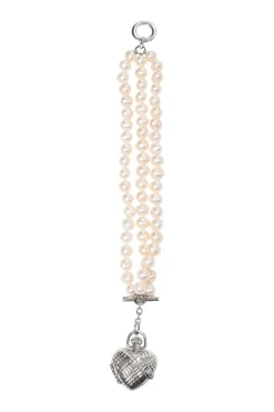 Silver-tone metal and resin faux pearl heart watch locket bracelet with T-bar closure