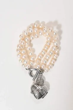 Silver-tone metal and resin faux pearl heart watch locket bracelet with T-bar closure