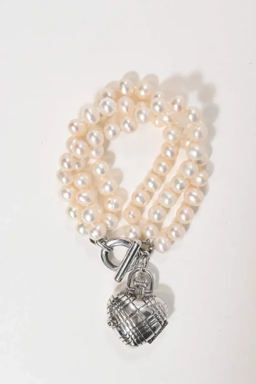 Silver-tone metal and resin faux pearl heart watch locket bracelet with T-bar closure