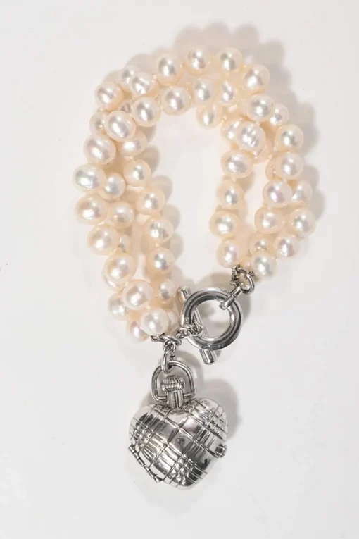 Silver-tone metal and resin faux pearl heart watch locket bracelet with T-bar closure