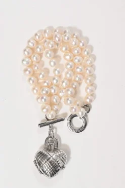 Silver-tone metal and resin faux pearl heart watch locket bracelet with T-bar closure